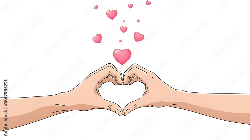 Obraz premium Heart-Shaped Hand Gesture with Floating Pink Hearts, Love Sign