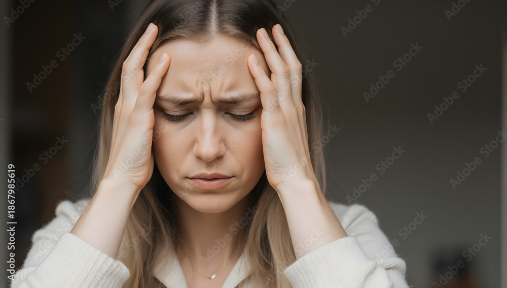Fototapeta premium Stressed and Concerned: A close-up portrait of a woman, lost in worry, her hands cradling her temples, depicting stress, anxiety and mental strain.