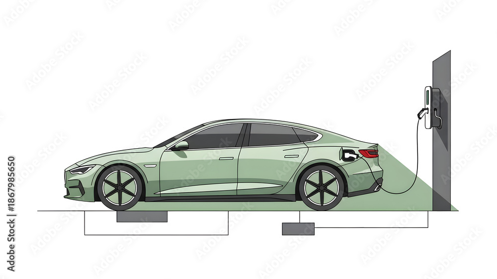 Naklejka premium Minimalist flat vector illustration of a modern electric car charging at home station