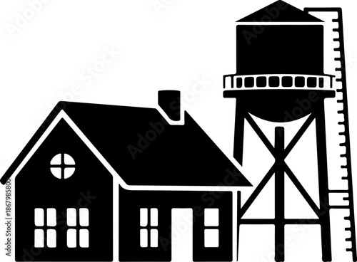 Rural house and water tower silhouette vector illustration