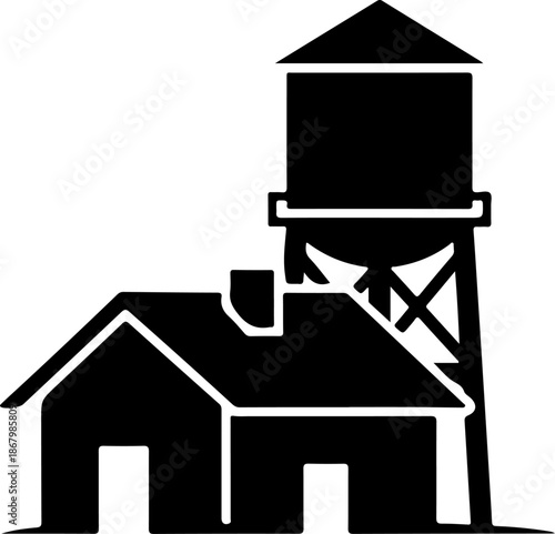 Rural house and water tower silhouette vector illustration