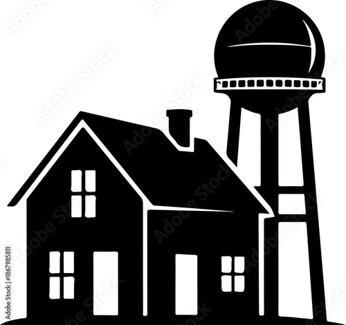 Rural house and water tower silhouette vector illustration