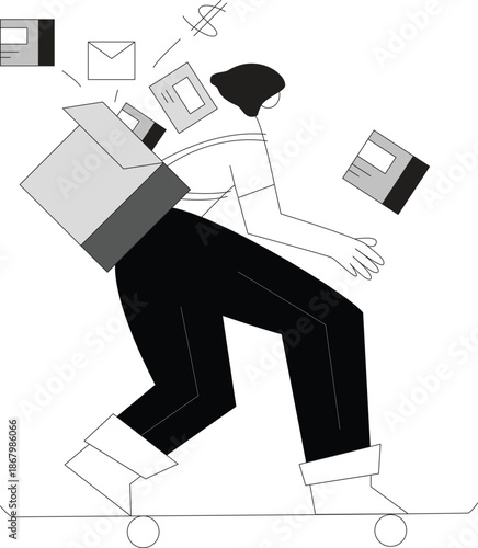 Office workload illustration, overwhelmed worker with documents, minimal vector
