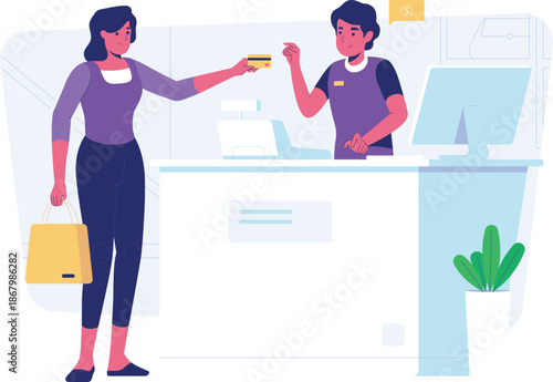 Customer service illustration, woman at reception desk, flat vector
