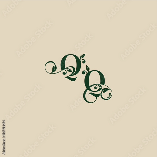 with monogram and leaf concept of elegant beautifull QQ wedding organic logo letter