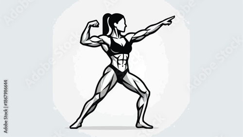 Muscular female bodybuilder flexing and pointing with determination.