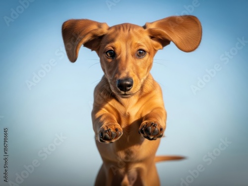 Playful dachshund dog jumping in air on blue background