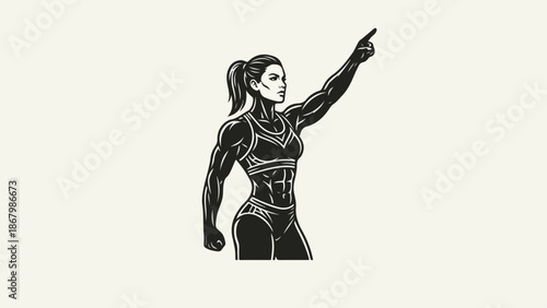 Strong female athlete pointing upwards with determination and focus.
