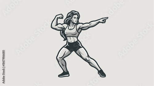 Strong woman flexing muscles and pointing towards the future.