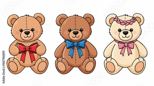 Three cute teddy bears with bows and a flower crown.