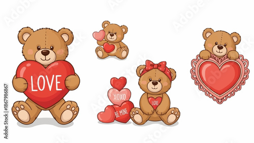 Cute teddy bears holding hearts and showing love symbols.