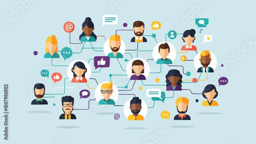 Diverse group of people connected in a network illustration.