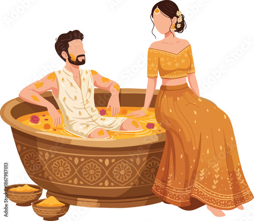 Wedding Haldi Ceremony Couple in Haldi Bathtub