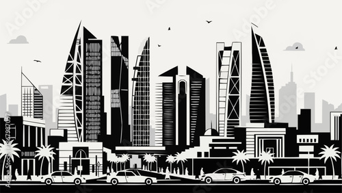 Modern City Skyline with Tall Buildings and Cars.