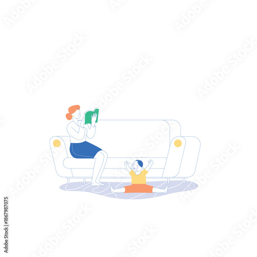 Parent reading book to child, flat illustration, home education concept
