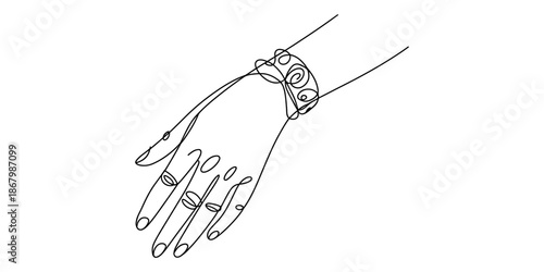 A minimalist continuous line art drawing of a hand adorned with rings and a bracelet
