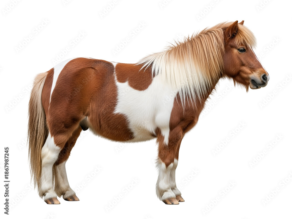 Obraz premium Adorable brown and white pinto pony with a flowing flaxen mane and tail, standing calmly in a profile full-body view, isolated on transparent background.