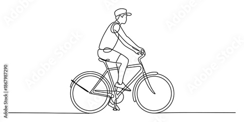 Continuous single line drawing of a cyclist riding a bicycle, illustrating simple movement and style