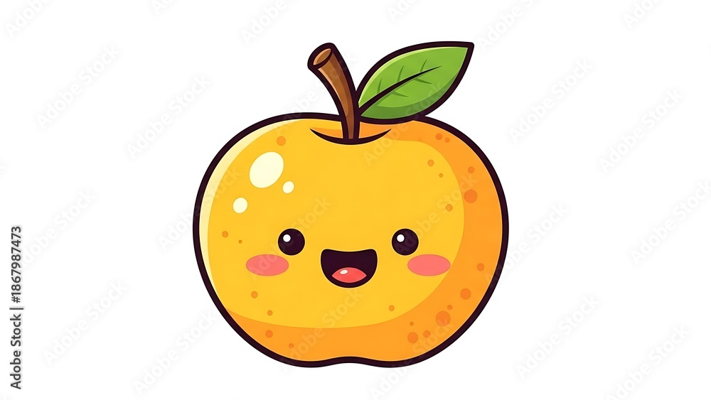 Obraz premium Smiling cartoon peach with green leaf.