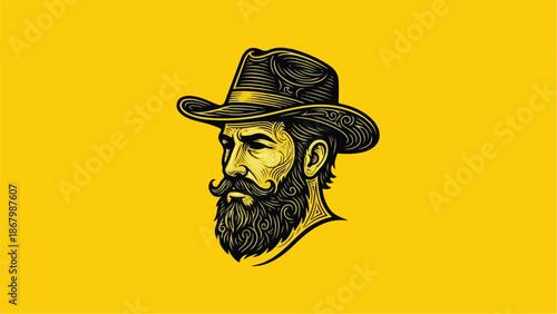 Detailed illustration of a man with a beard and hat on yellow background.