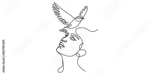 Continuous line art illustration of a woman looking up at a bird flying above her head