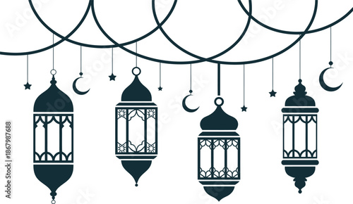 Beautiful islamic lanterns hanging with crescent moon and stars on white background Vector illustration