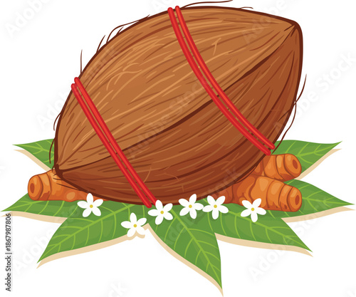 Shrifal Coconut with Turmeric and Flowers Pooja Decoration 