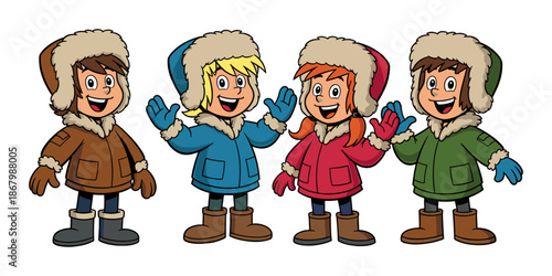 Four children in winter clothes Vector