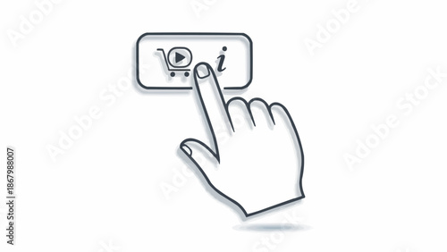 A human hand presses a digital button with an information symbol and shopping cart icon.