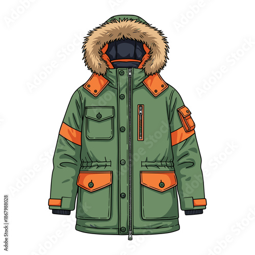 Green parka with fur hood Vector
