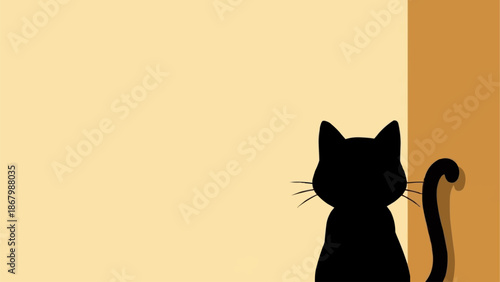 A sleek black cat with whiskers and a long tail sits patiently.