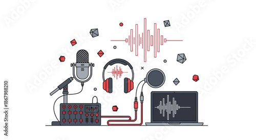 Audio recording setup with microphone headphones and laptop for podcasting.