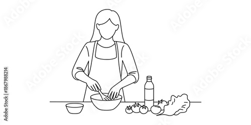 A line art illustration showing a woman in an apron preparing a fresh salad on the kitchen counter