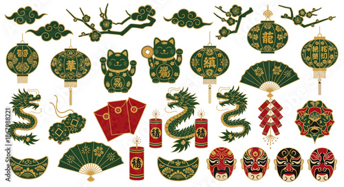 Chinese New Year Decorations Dragons Lanterns and Festive Symbols.