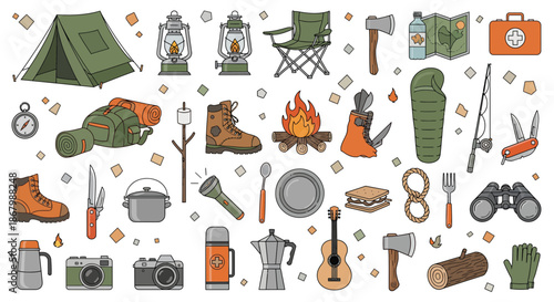 Camping equipment illustration featuring tent campfire and various outdoor gear.