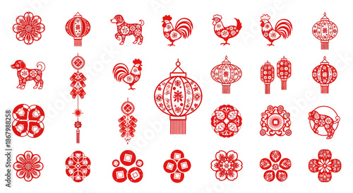 Chinese New Year festive decorations in red color on white background.