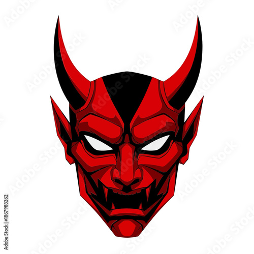 Fierce red devil face with sharp horns and glowing eyes