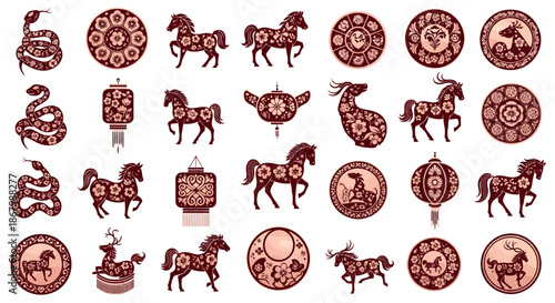 Chinese Zodiac Symbols Horses Snakes and Decorative Circular Designs.