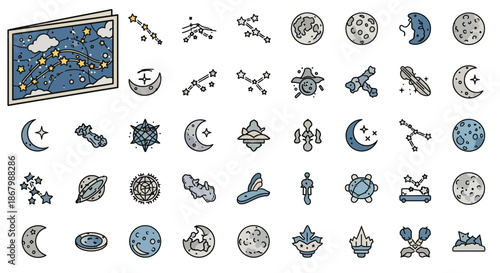 Collection of celestial bodies and astronomical symbols in a detailed illustration.