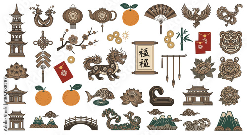Collection of Chinese cultural symbols and elements festive decorations and ornaments.