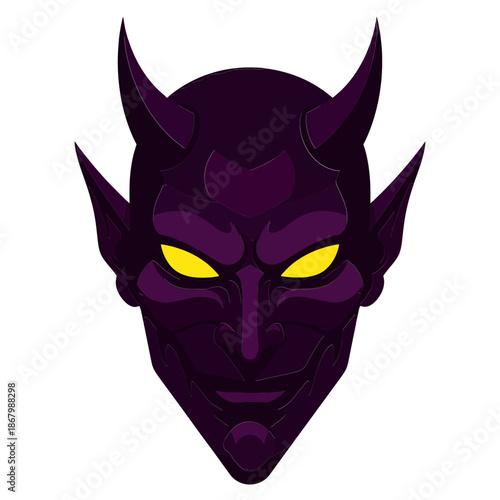 Evil purple demon face with glowing yellow eyes on black
