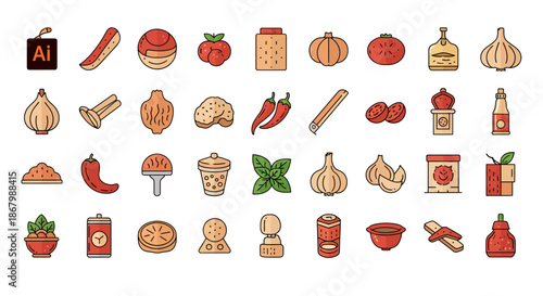 Collection of colorful food icons representing various culinary ingredients and items for cooking.