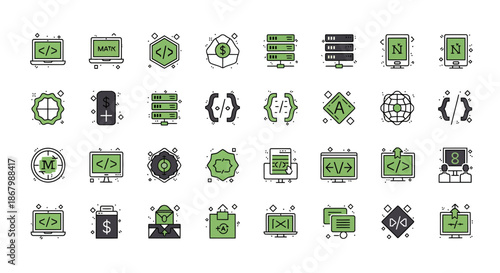 Collection of colorful computer and coding icons for software development.