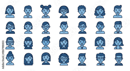 Collection of diverse blue avatars representing various individuals and personalities.