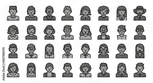 Collection of diverse human avatars representing various individuals and personalities in a grayscale illustration.