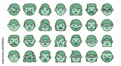 Collection of diverse human faces in various expressions and styles vector illustration.