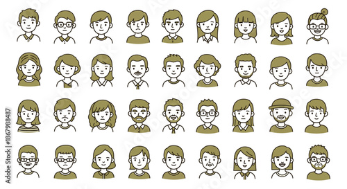 Collection of diverse human faces in various styles and expressions for design.