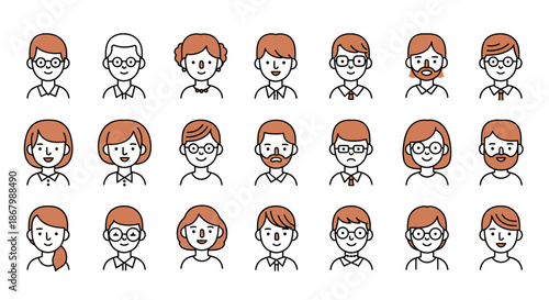 Collection of diverse human faces in various styles and expressions line art.
