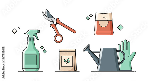 Collection of gardening tools and supplies for plant care and maintenance.