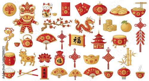 Collection of festive Chinese New Year decorations and symbols.